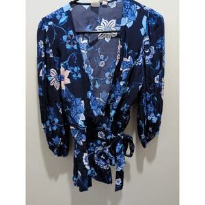 Gap Floral Shirt V-neck Wrap Blouse 3/4 Sleeves Peplum Flare Blue Colorful Artsy